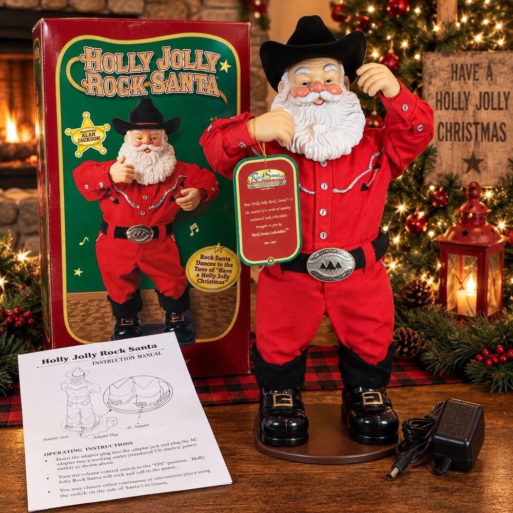 1999 Holly Jolly Rock Santa Alan Jackson Animated Christmas Figure Original Box